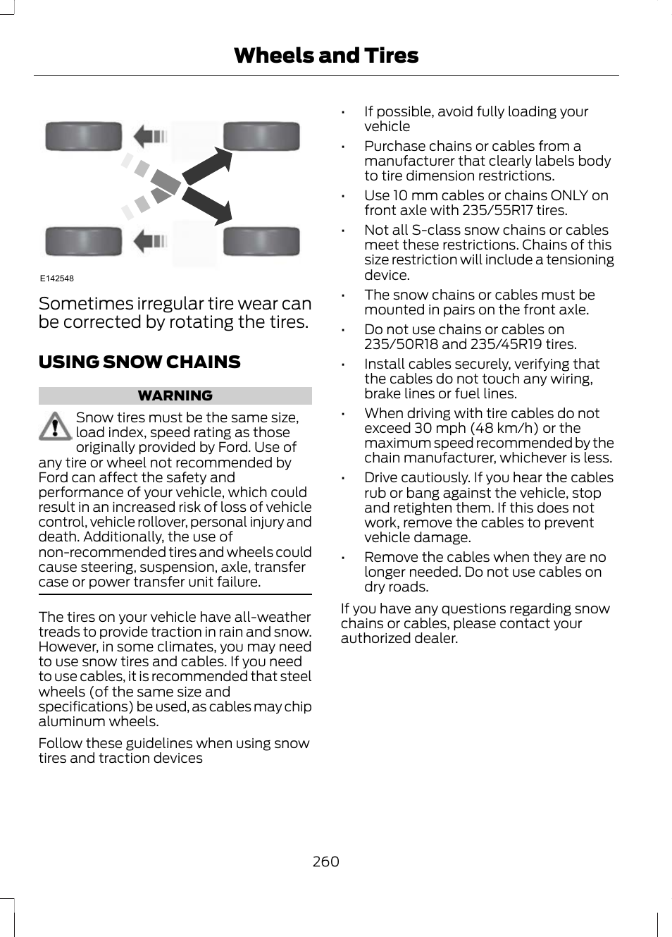 Using snow chains, Wheels and tires | FORD 2013 Escape v.2 User Manual | Page 263 / 432