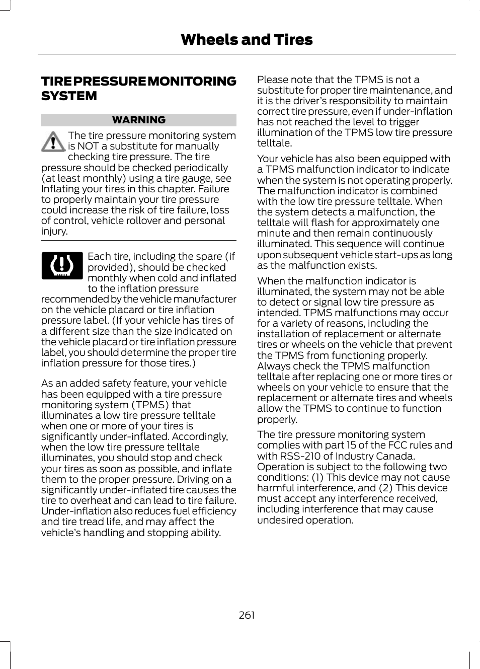 Tire pressure monitoring system, See tire pressure, See tire pressure monit | Wheels and tires | FORD 2013 Escape v.2 User Manual | Page 264 / 432