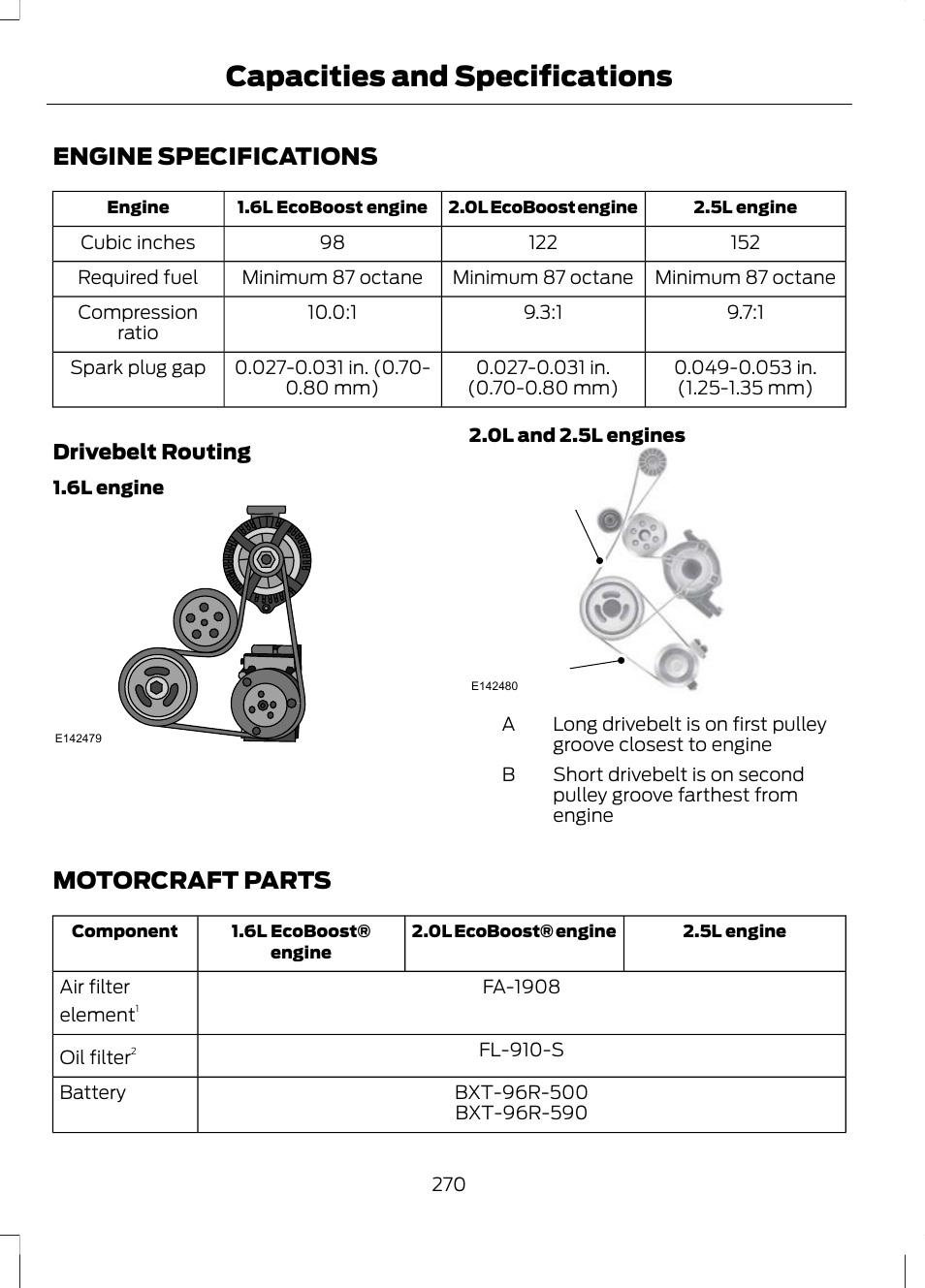 Capacities and specifications, Engine specifications, Motorcraft parts | Capacities and specific, Ations, Engine specifications motorcraft parts | FORD 2013 Escape v.2 User Manual | Page 273 / 432