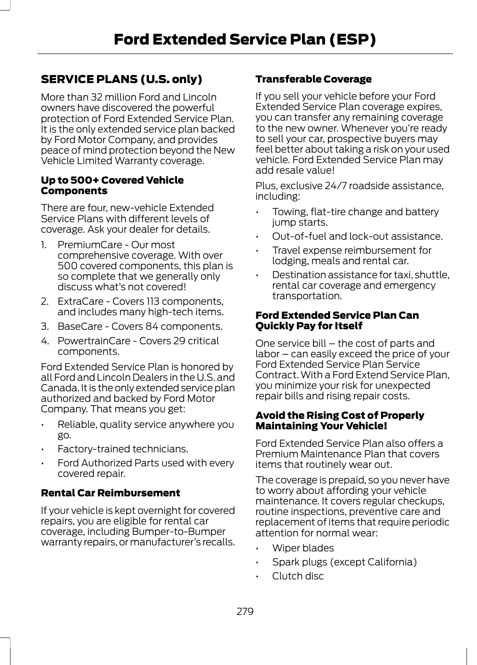 Ford extended service plan (esp), Ford extended service plan, Esp) | FORD 2013 Escape v.2 User Manual | Page 282 / 432