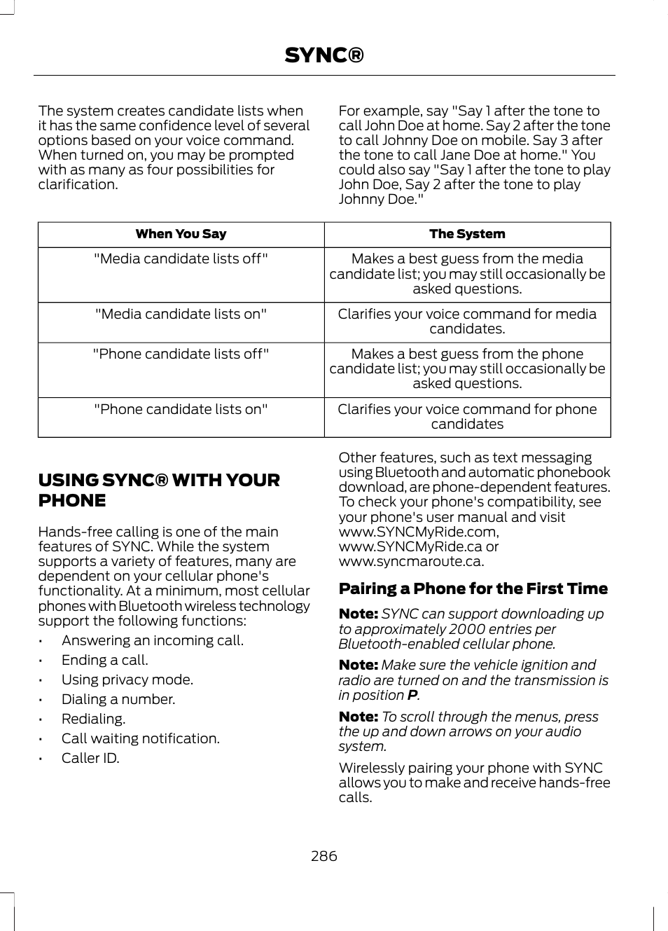 Using sync® with your phone, Sync | FORD 2013 Escape v.2 User Manual | Page 289 / 432