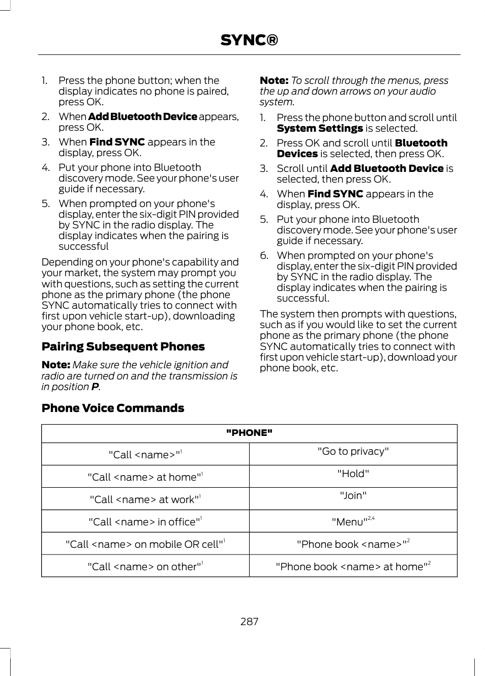 Sync, Pairing subsequent phones, Phone voice commands | FORD 2013 Escape v.2 User Manual | Page 290 / 432