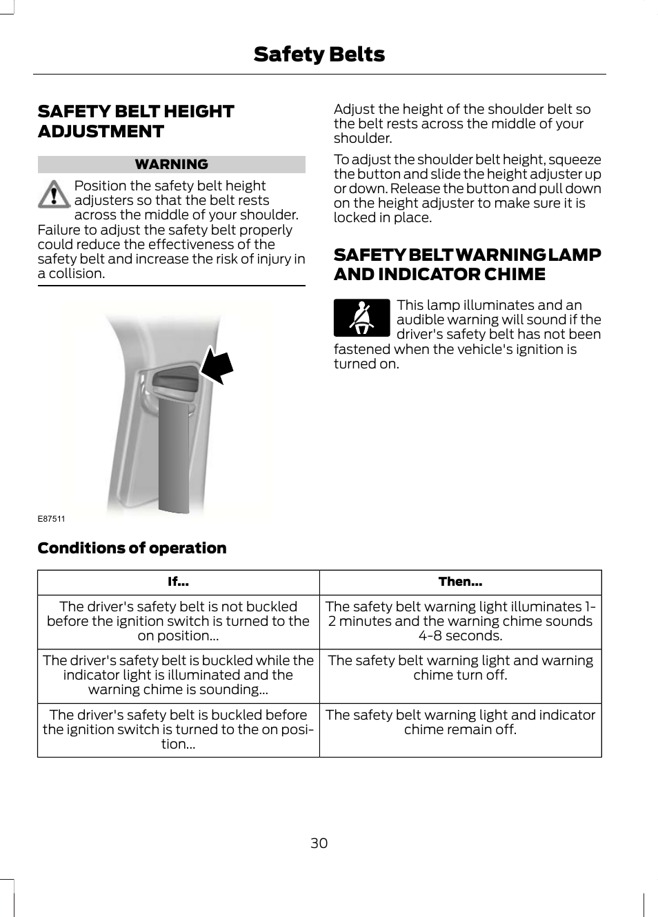 Safety belt height adjustment, Safety belt warning lamp and indicator chime, Chime | Safety belts | FORD 2013 Escape v.2 User Manual | Page 33 / 432