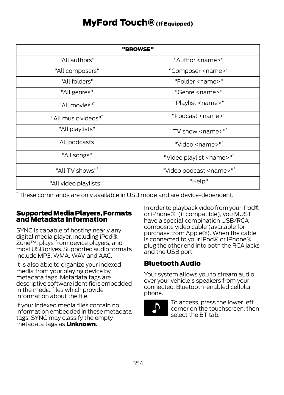 Myford touch, Bluetooth audio | FORD 2013 Escape v.2 User Manual | Page 357 / 432