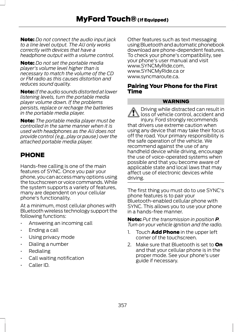Phone, Myford touch | FORD 2013 Escape v.2 User Manual | Page 360 / 432
