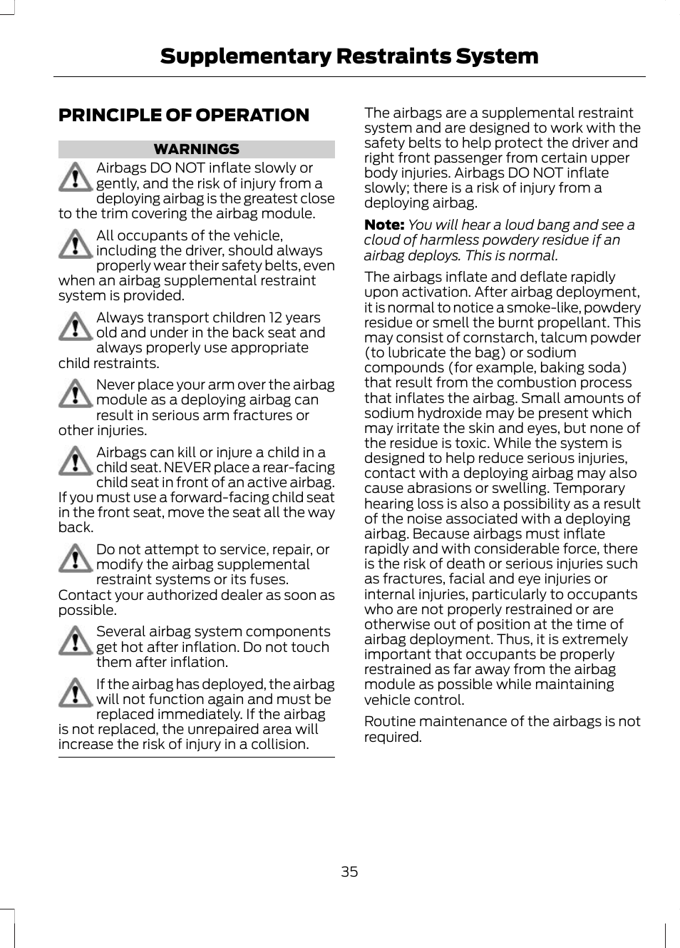 Supplementary restraints system, Principle of operation, Supplementary restraints | System | FORD 2013 Escape v.2 User Manual | Page 38 / 432