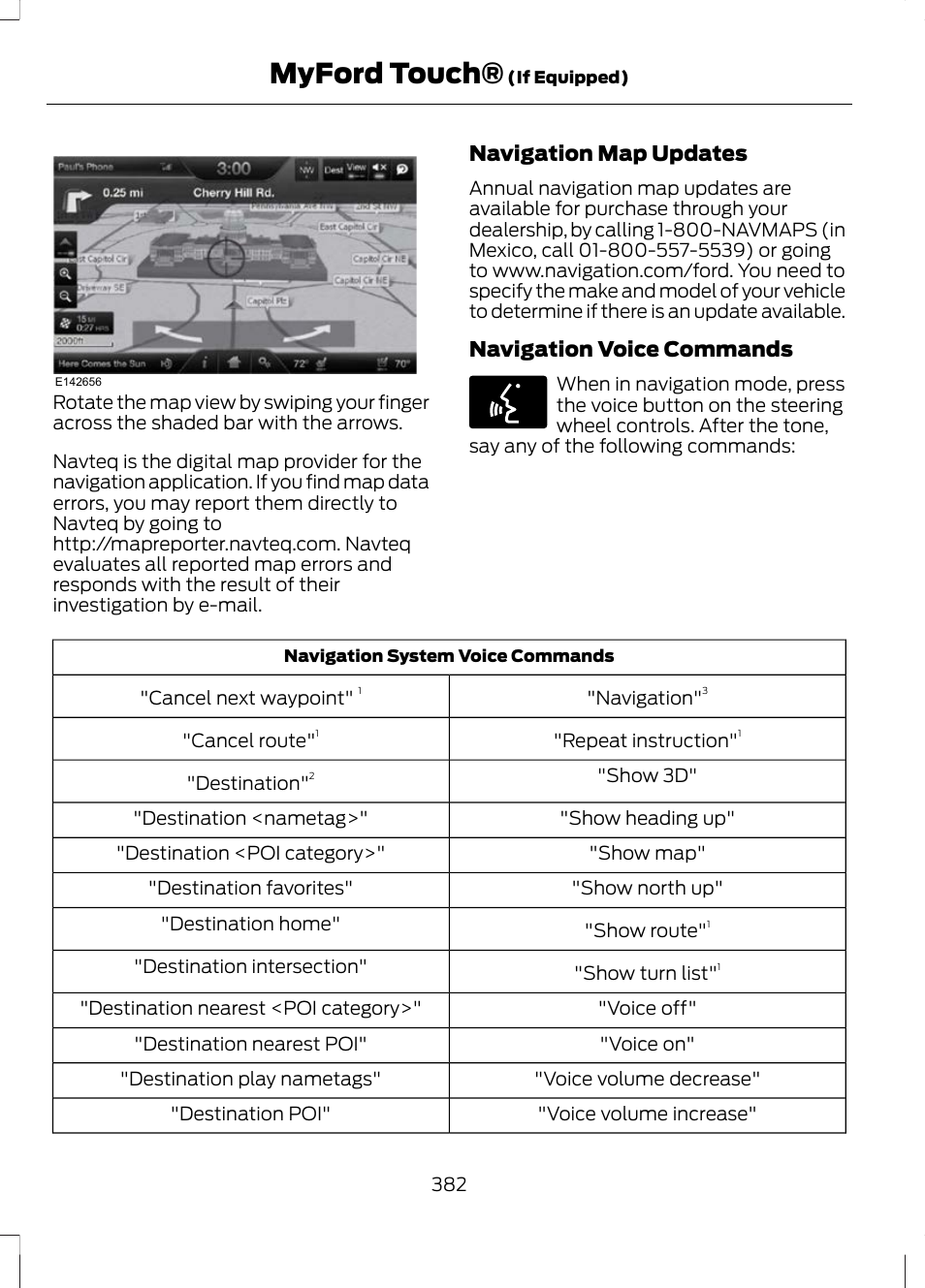 Myford touch, Navigation map updates, Navigation voice commands | FORD 2013 Escape v.2 User Manual | Page 385 / 432
