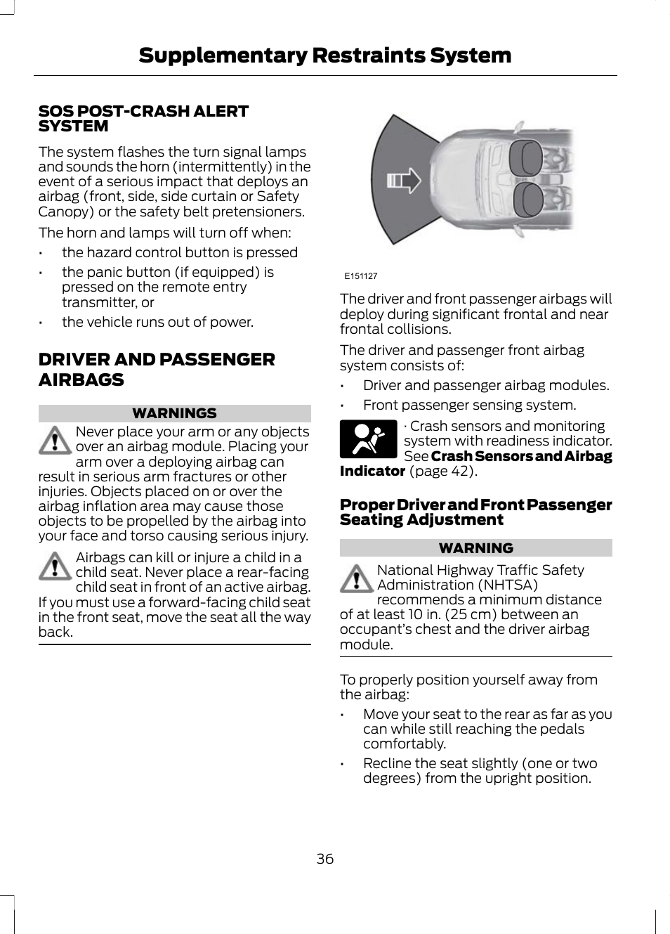 Driver and passenger airbags, Supplementary restraints system | FORD 2013 Escape v.2 User Manual | Page 39 / 432