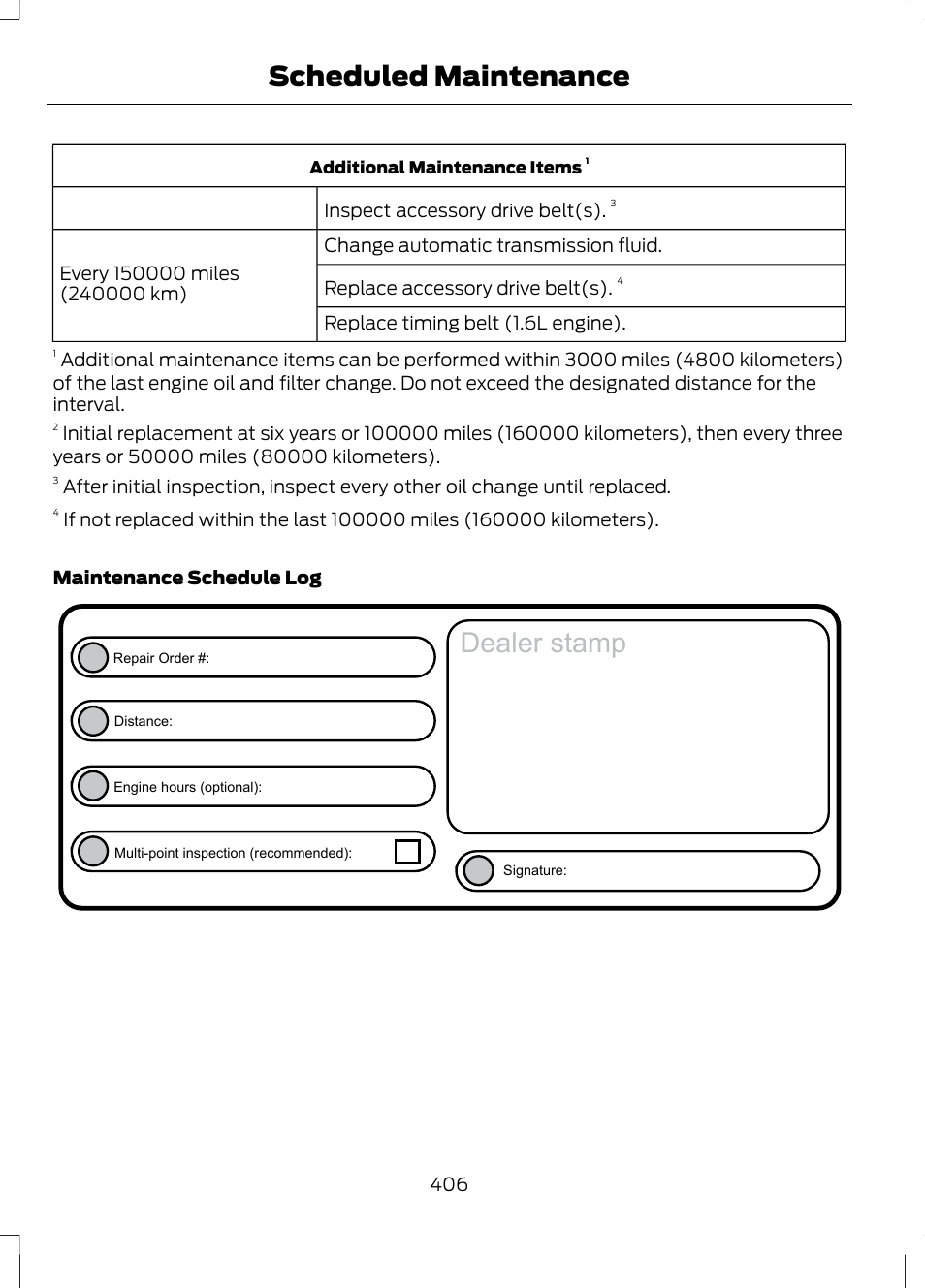 Dealer stamp, Scheduled maintenance | FORD 2013 Escape v.2 User Manual | Page 409 / 432