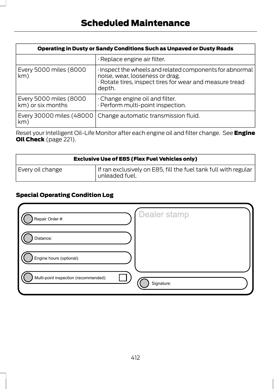 Dealer stamp, Scheduled maintenance | FORD 2013 Escape v.2 User Manual | Page 415 / 432