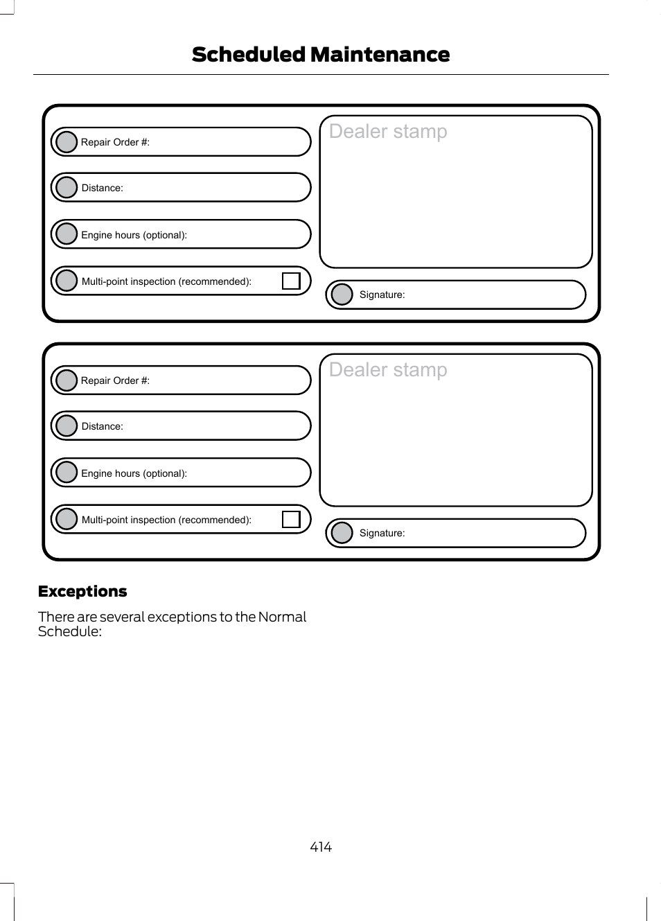 Dealer stamp, Scheduled maintenance, Exceptions | FORD 2013 Escape v.2 User Manual | Page 417 / 432