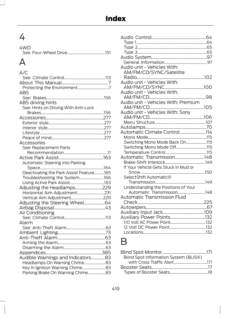 Index | FORD 2013 Escape v.2 User Manual | Page 422 / 432