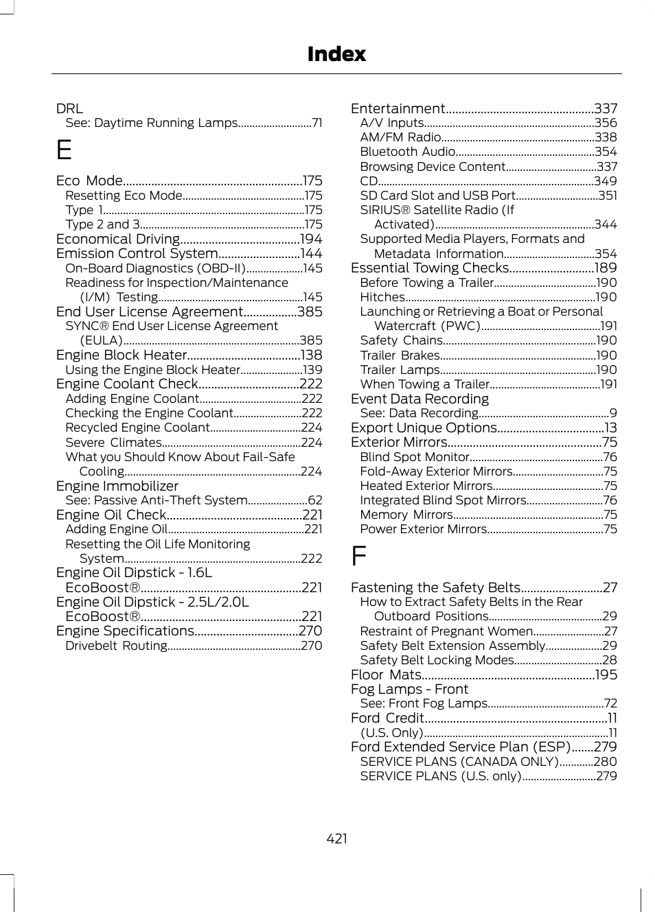 Index | FORD 2013 Escape v.2 User Manual | Page 424 / 432