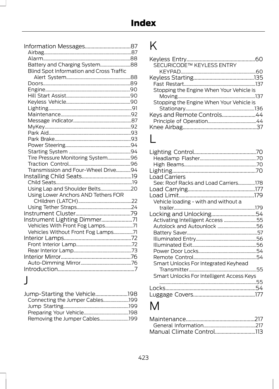 Index | FORD 2013 Escape v.2 User Manual | Page 426 / 432