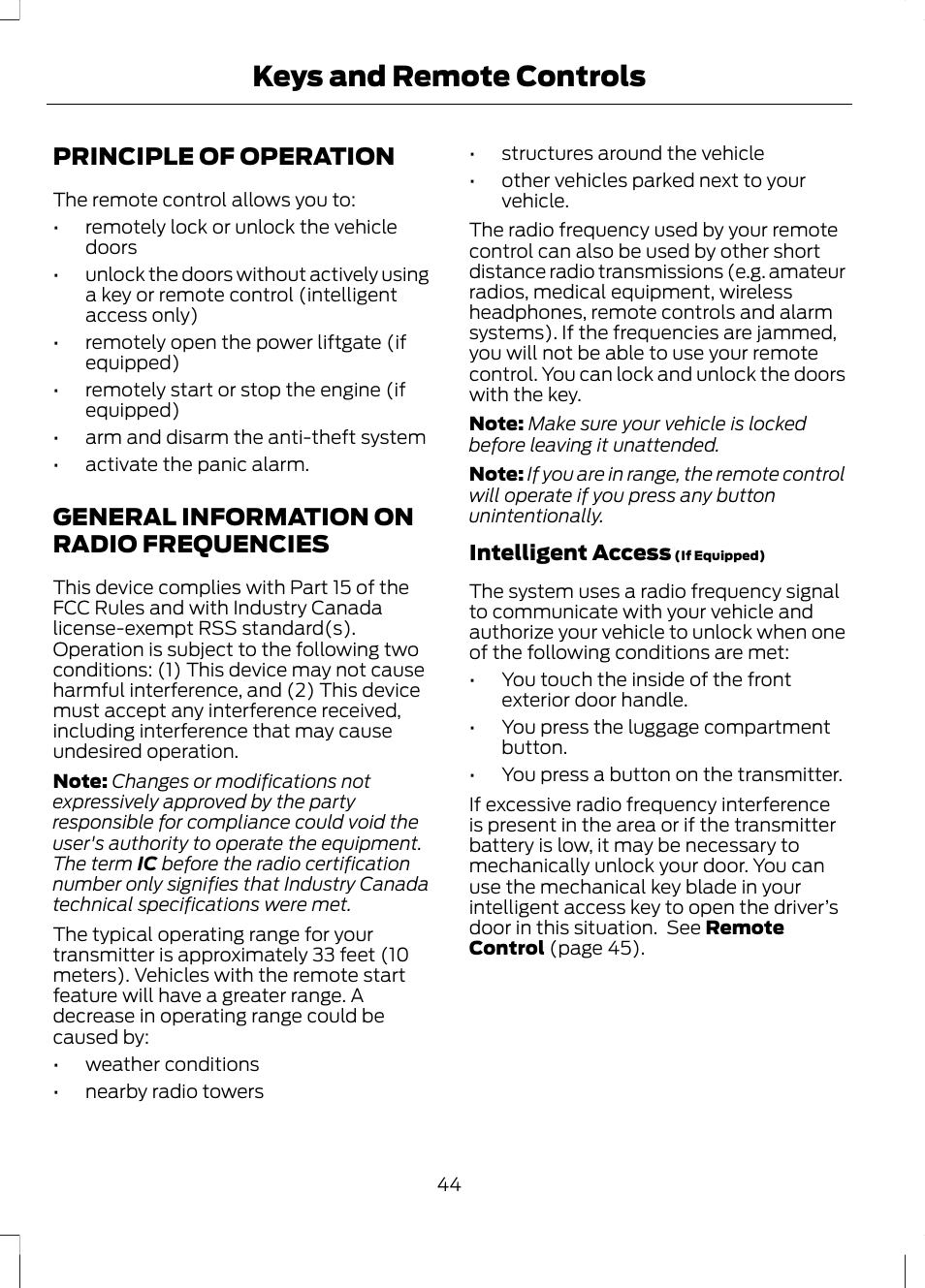 Keys and remote controls, Principle of operation, General information on radio frequencies | Frequencies | FORD 2013 Escape v.2 User Manual | Page 47 / 432