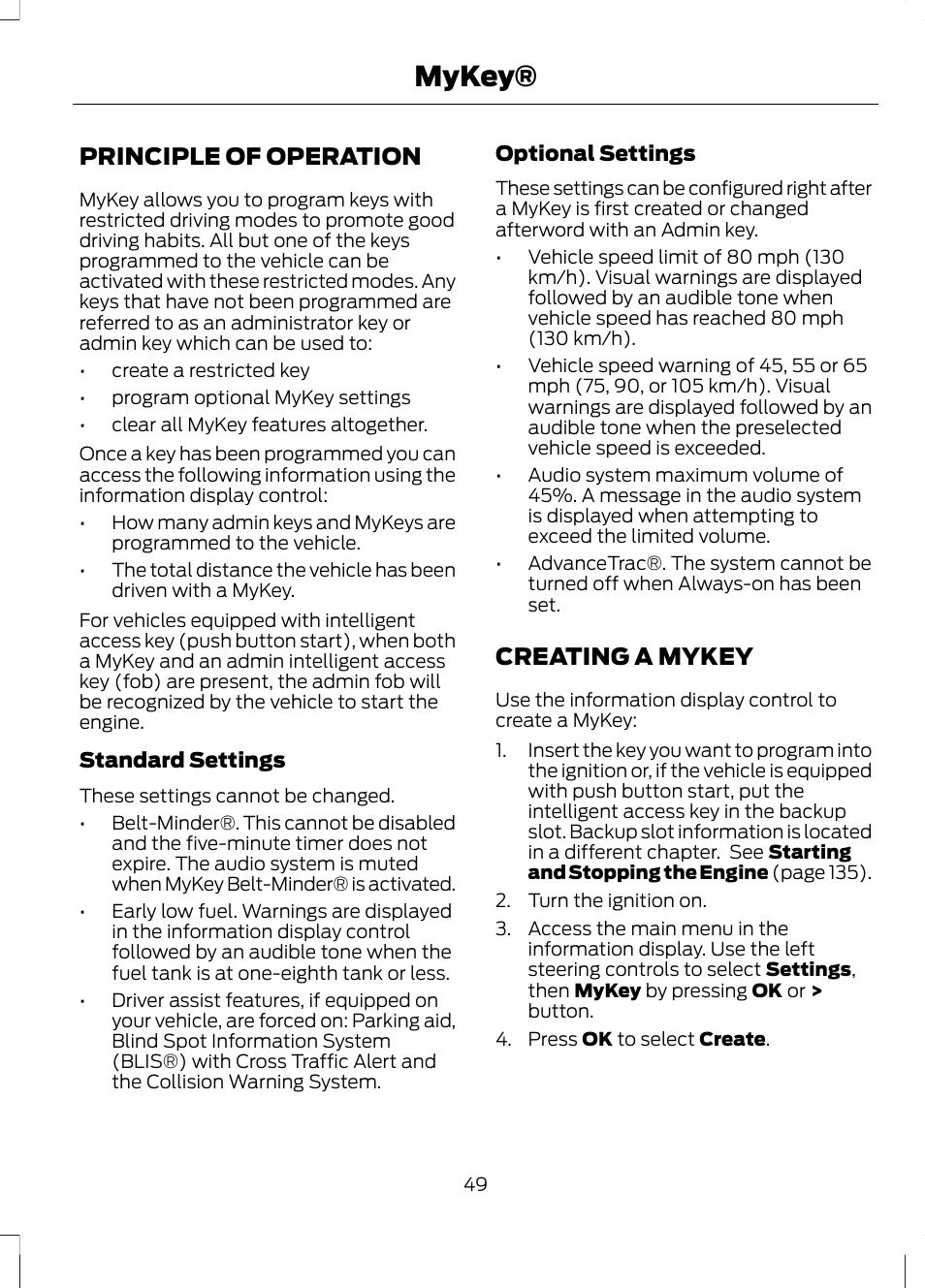 Mykey, Principle of operation, Creating a mykey | Principle of operation creating a mykey | FORD 2013 Escape v.2 User Manual | Page 52 / 432