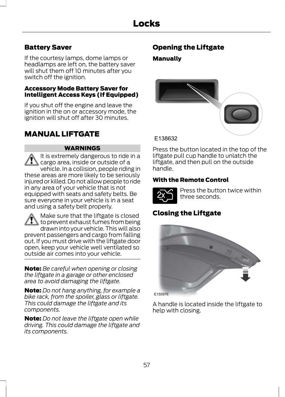 Manual liftgate, Locks | FORD 2013 Escape v.2 User Manual | Page 60 / 432