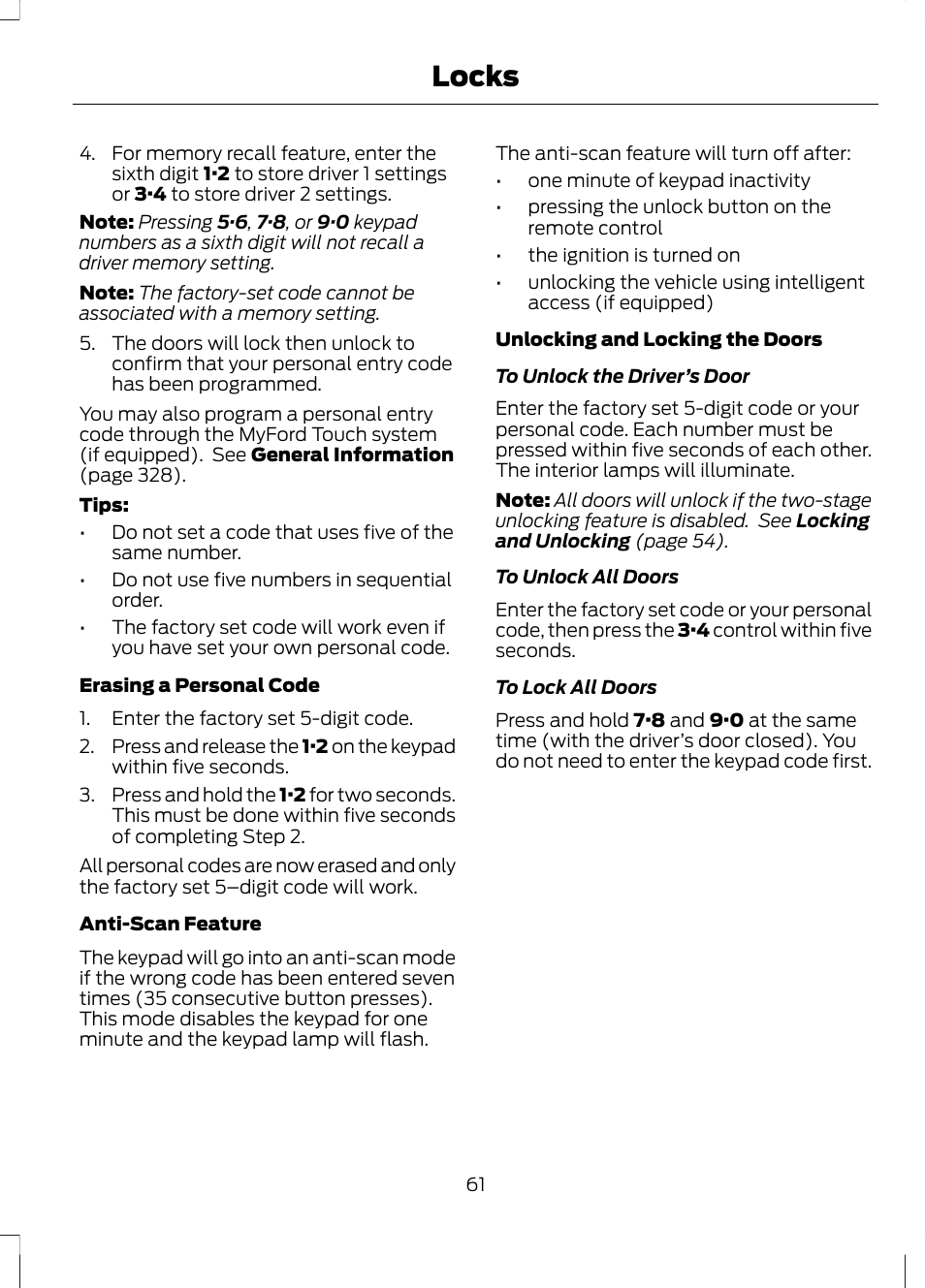 Locks | FORD 2013 Escape v.2 User Manual | Page 64 / 432