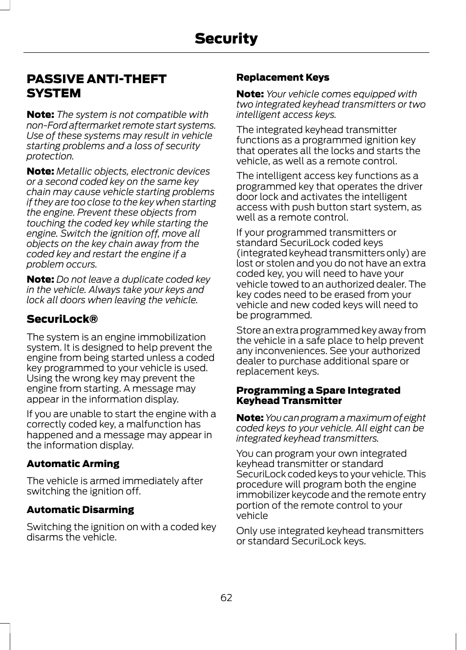 Security, Passive anti-theft system | FORD 2013 Escape v.2 User Manual | Page 65 / 432