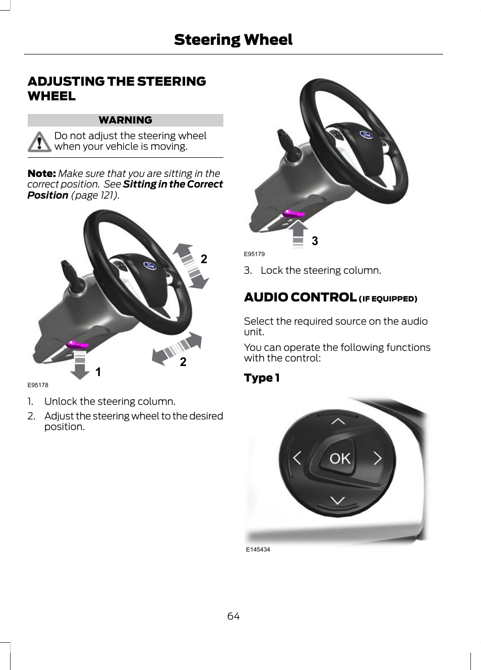 Steering wheel, Adjusting the steering wheel, Audio control | Adjusting the steering wheel audio control | FORD 2013 Escape v.2 User Manual | Page 67 / 432