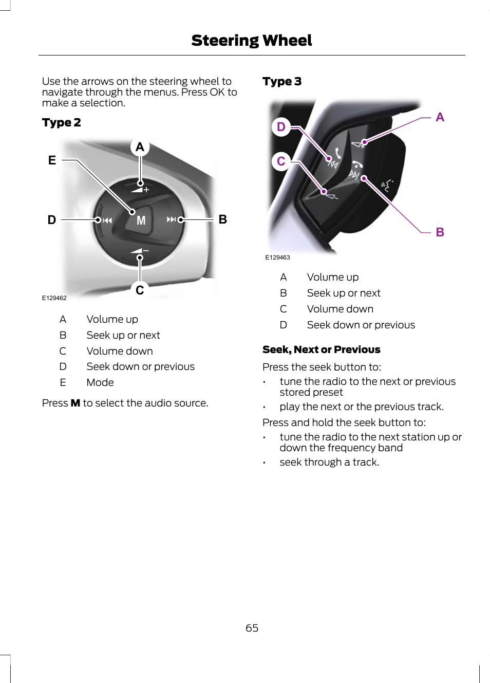 Steering wheel, Bd c a e, Cd a b | FORD 2013 Escape v.2 User Manual | Page 68 / 432