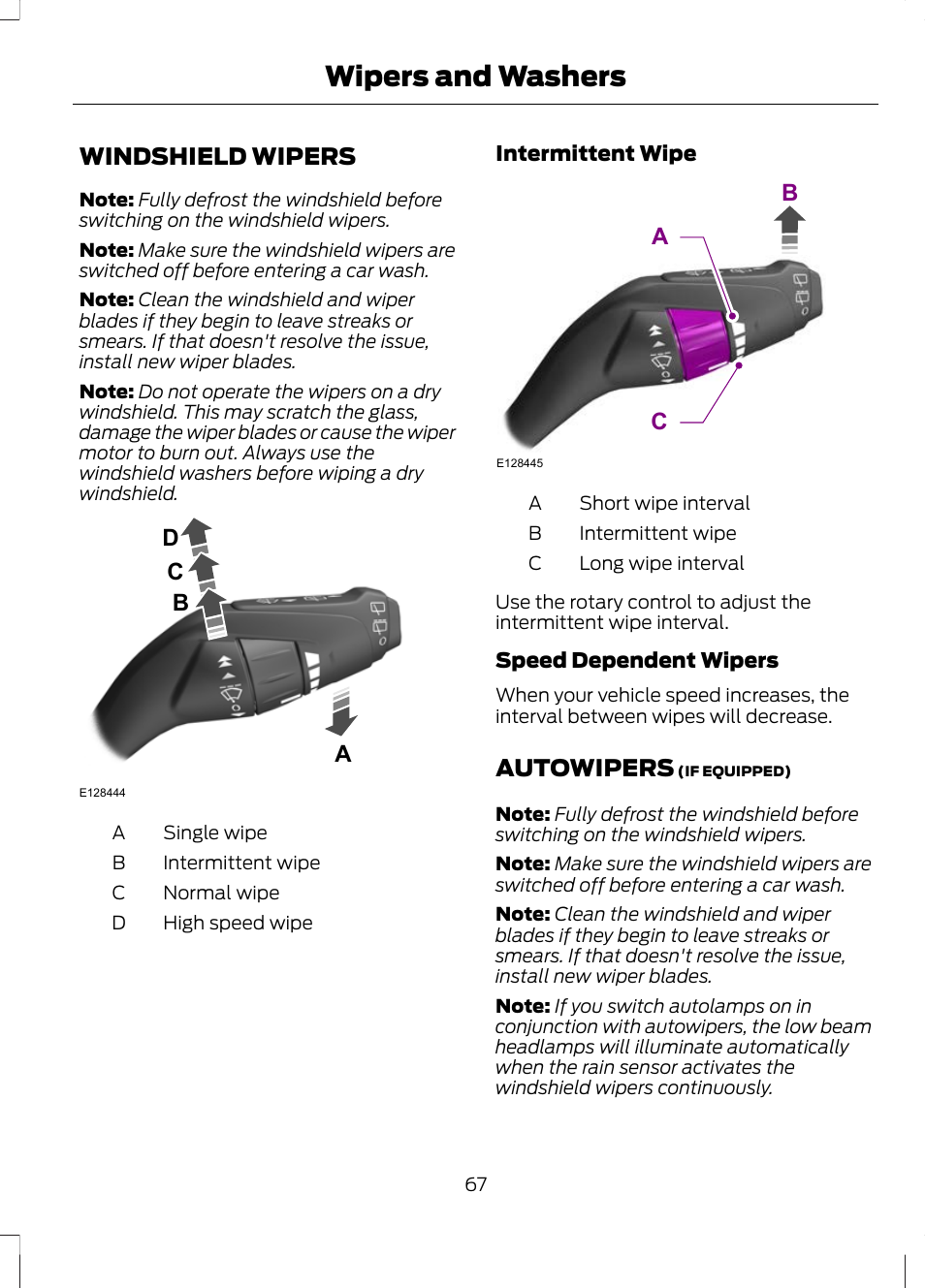 Wipers and washers, Windshield wipers, Autowipers | Windshield wipers autowipers, Ab c d, Ac b | FORD 2013 Escape v.2 User Manual | Page 70 / 432