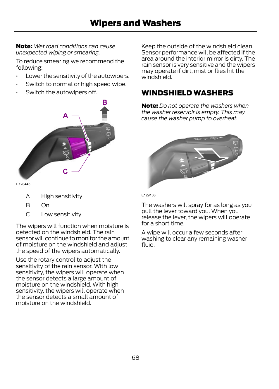 Windshield washers, Wipers and washers, Ac b | FORD 2013 Escape v.2 User Manual | Page 71 / 432