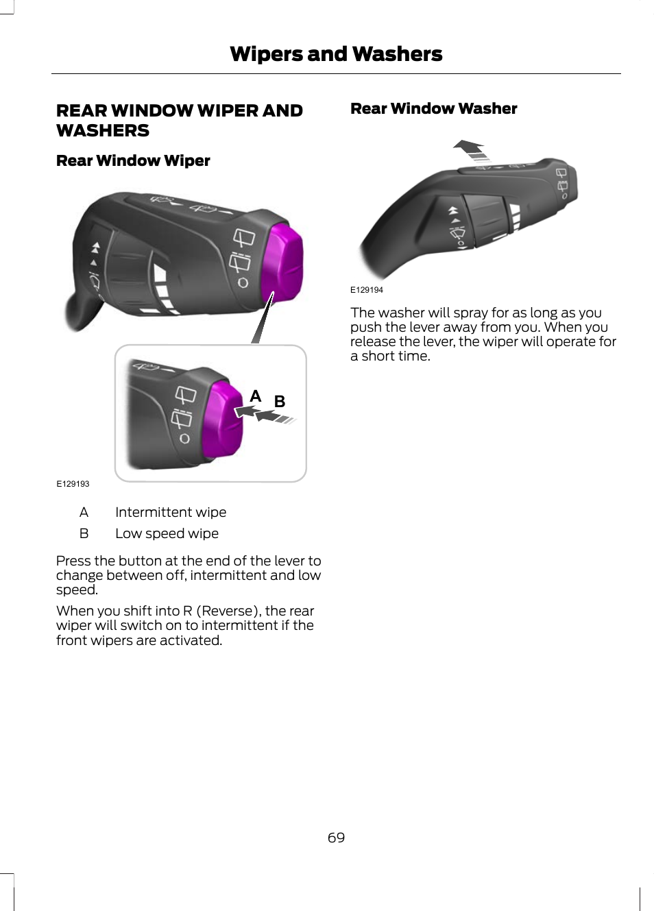 Rear window wiper and washers, Wipers and washers | FORD 2013 Escape v.2 User Manual | Page 72 / 432