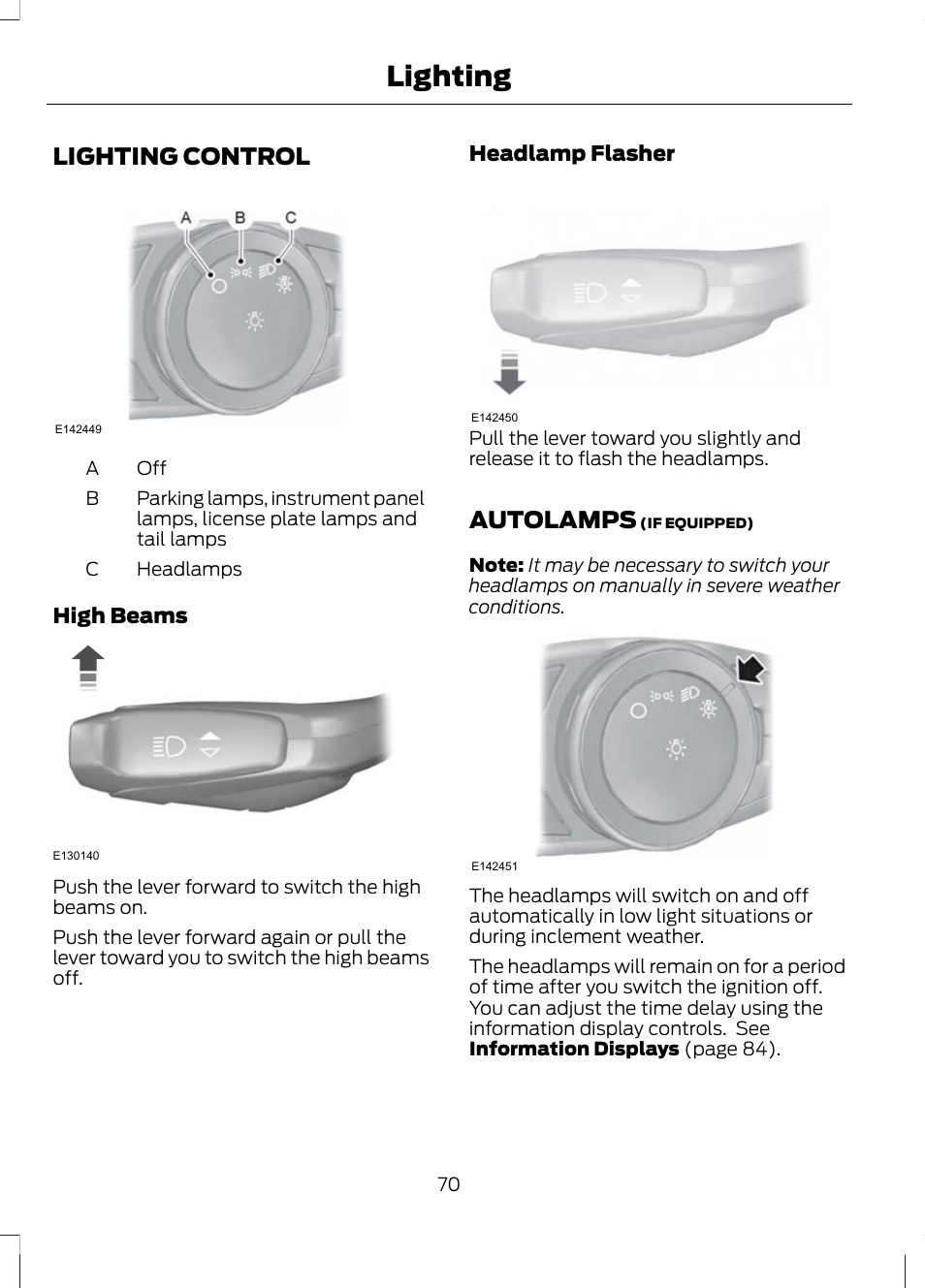 Lighting, Lighting control, Autolamps | Lighting control autolamps | FORD 2013 Escape v.2 User Manual | Page 73 / 432