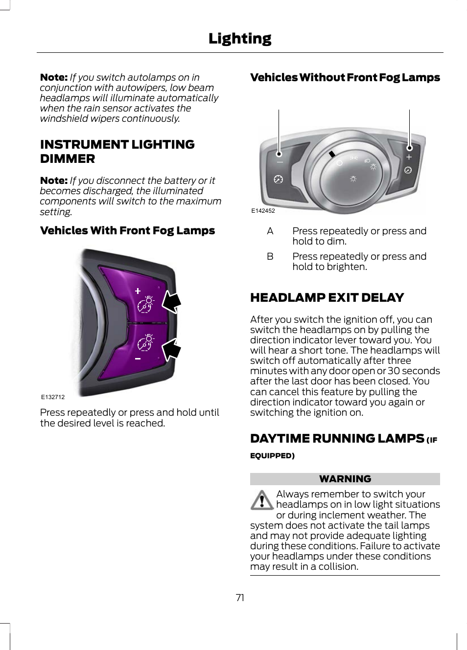 Instrument lighting dimmer, Headlamp exit delay, Daytime running lamps | Lighting | FORD 2013 Escape v.2 User Manual | Page 74 / 432