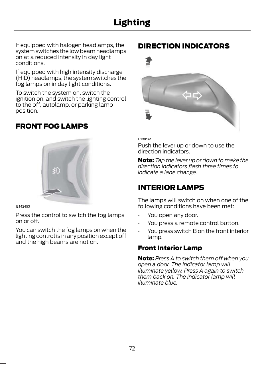 Front fog lamps, Direction indicators, Interior lamps | Lighting | FORD 2013 Escape v.2 User Manual | Page 75 / 432