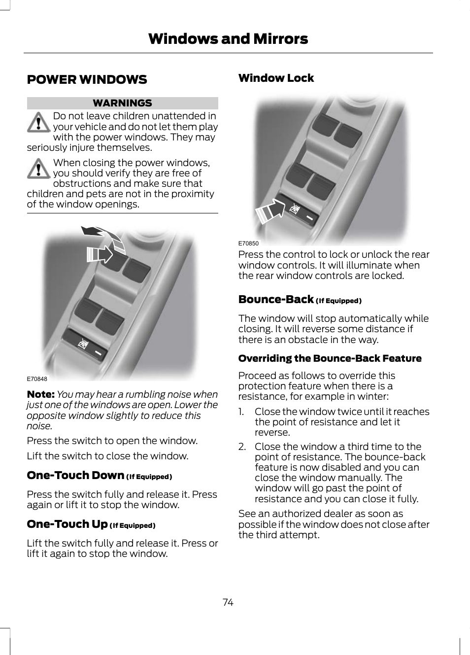 Windows and mirrors, Power windows | FORD 2013 Escape v.2 User Manual | Page 77 / 432