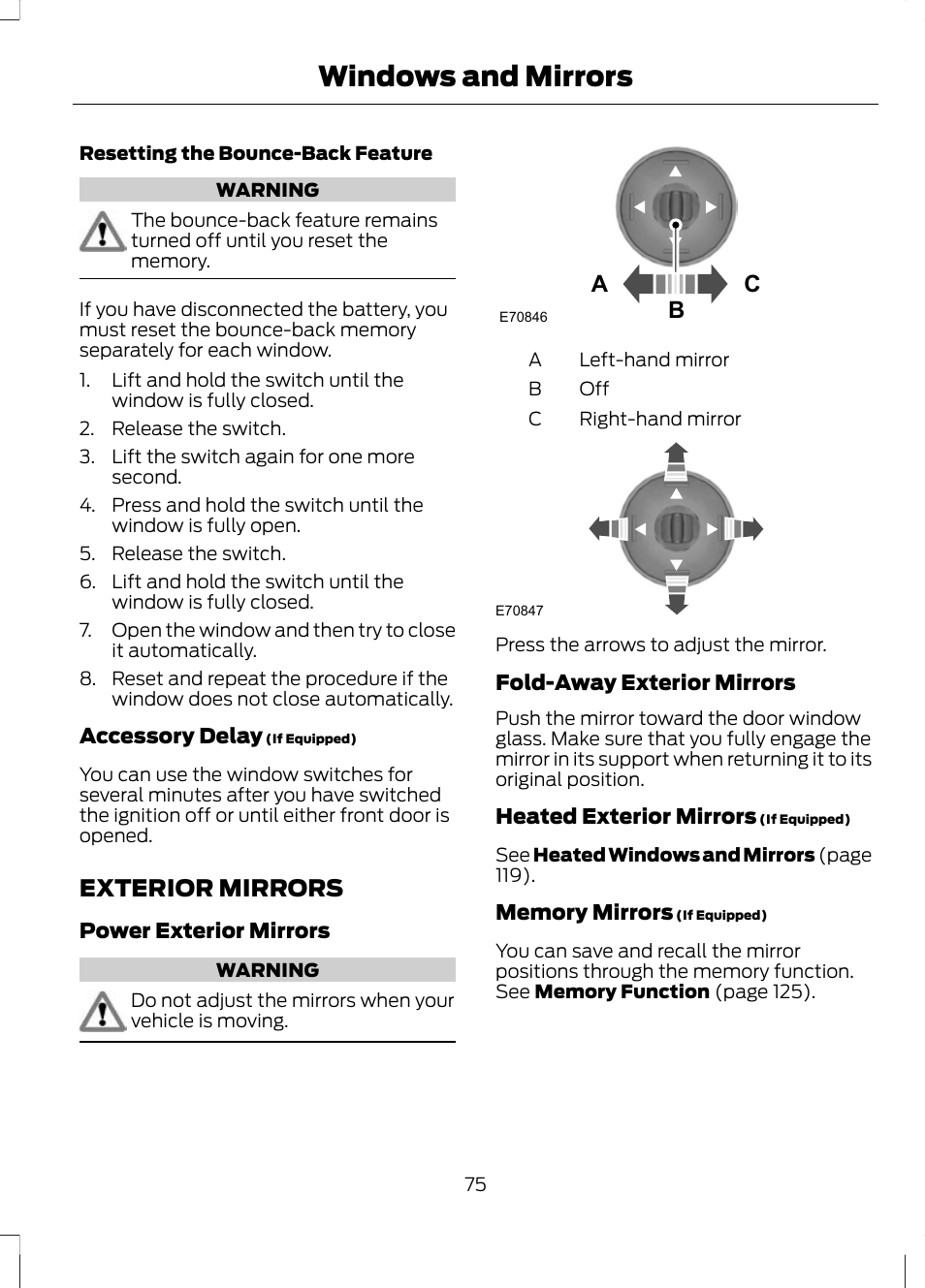 Exterior mirrors, Windows and mirrors, Ac b | FORD 2013 Escape v.2 User Manual | Page 78 / 432