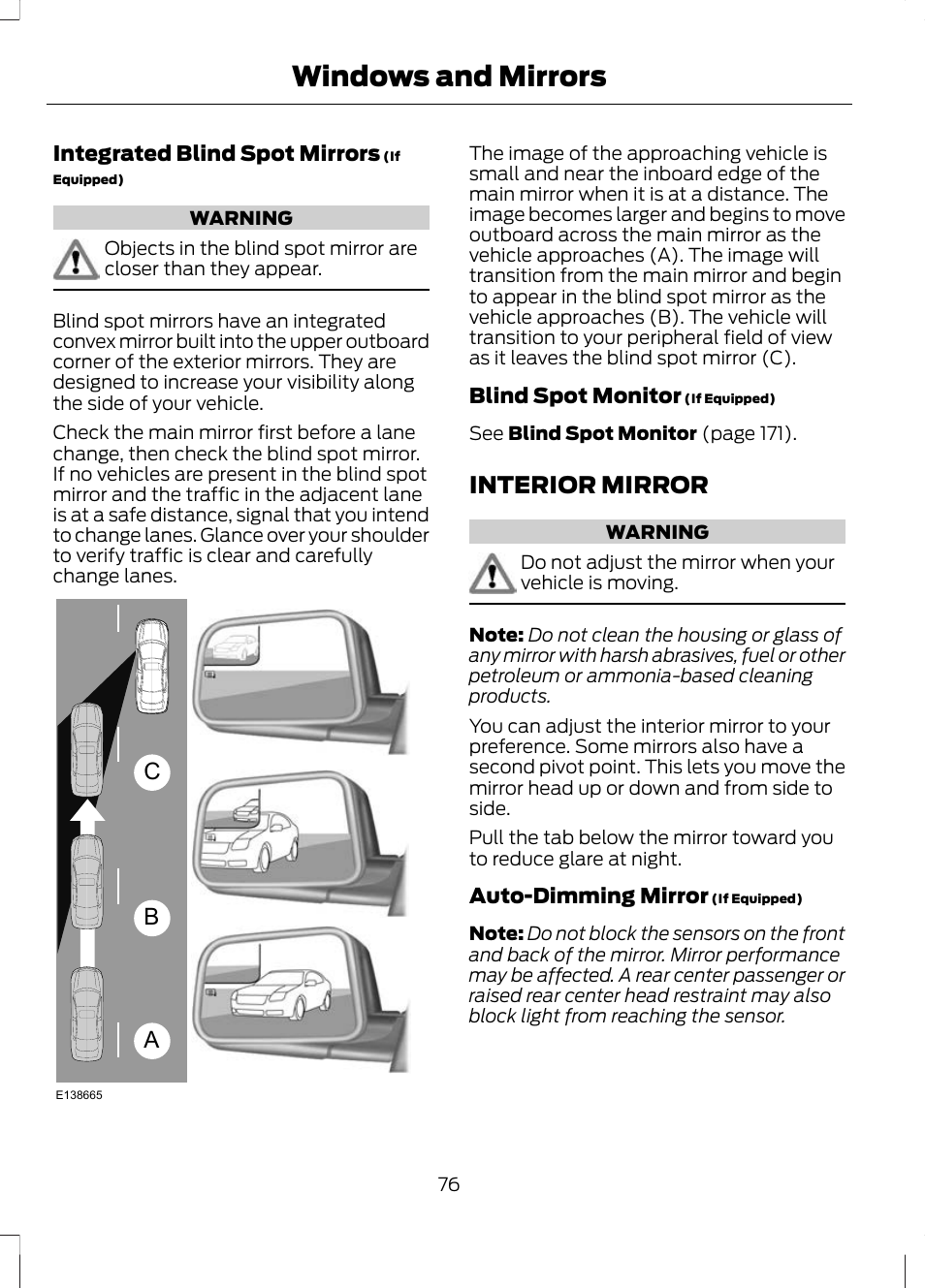 Interior mirror, Windows and mirrors, Ab c | FORD 2013 Escape v.2 User Manual | Page 79 / 432