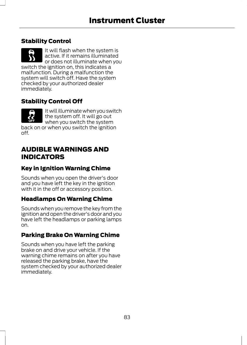 Audible warnings and indicators, Instrument cluster | FORD 2013 Escape v.2 User Manual | Page 86 / 432