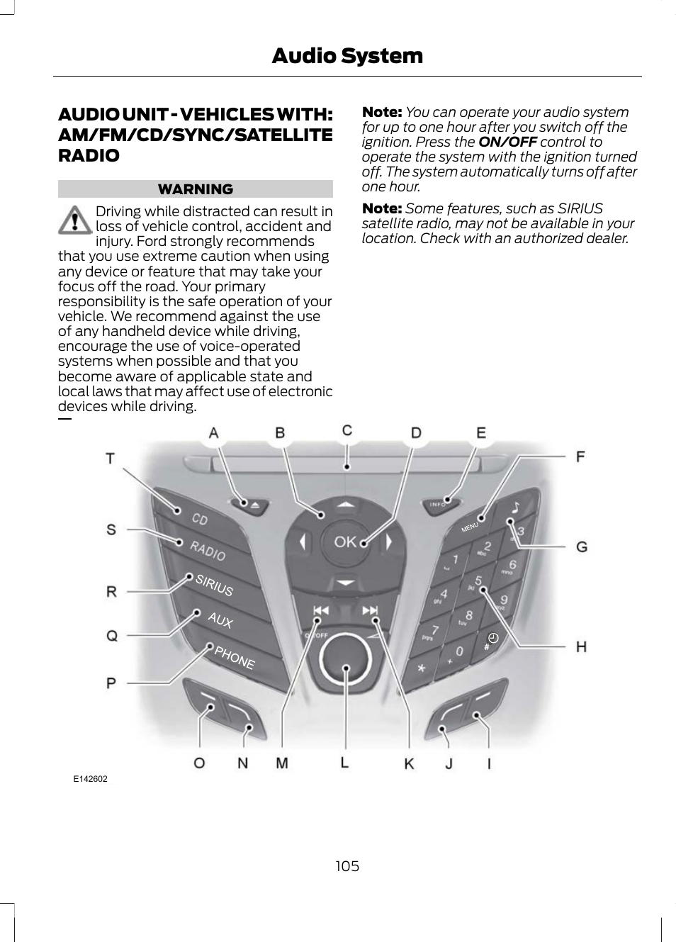 Audio unit, Audio unit - vehicles with, Am/fm/cd/sync/satellite | Radio, Audio system | FORD 2013 Escape v.3 User Manual | Page 108 / 434