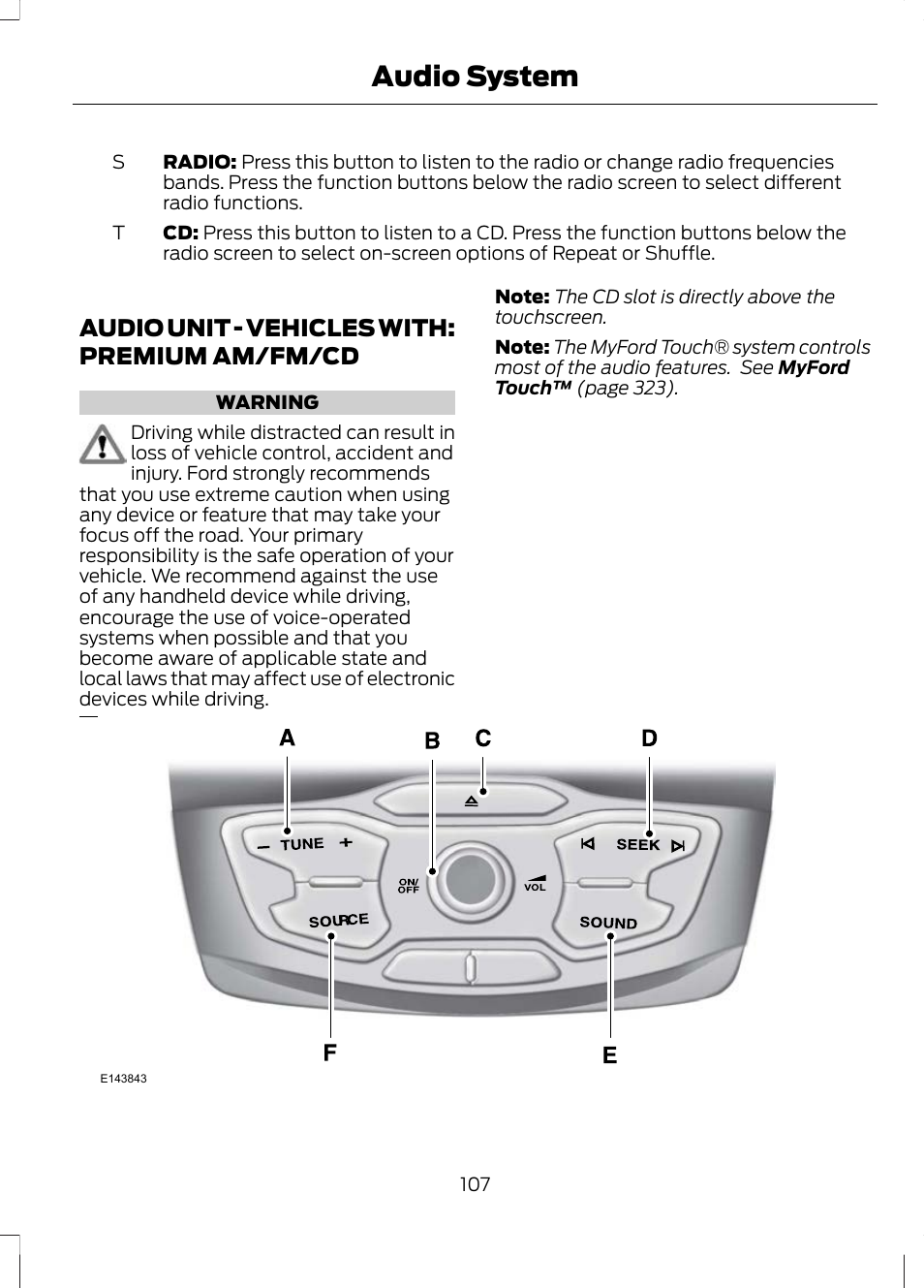 Audio unit, Audio unit - vehicles with: premium, Am/fm/cd | Audio system, Audio unit - vehicles with: premium am/fm/cd | FORD 2013 Escape v.3 User Manual | Page 110 / 434