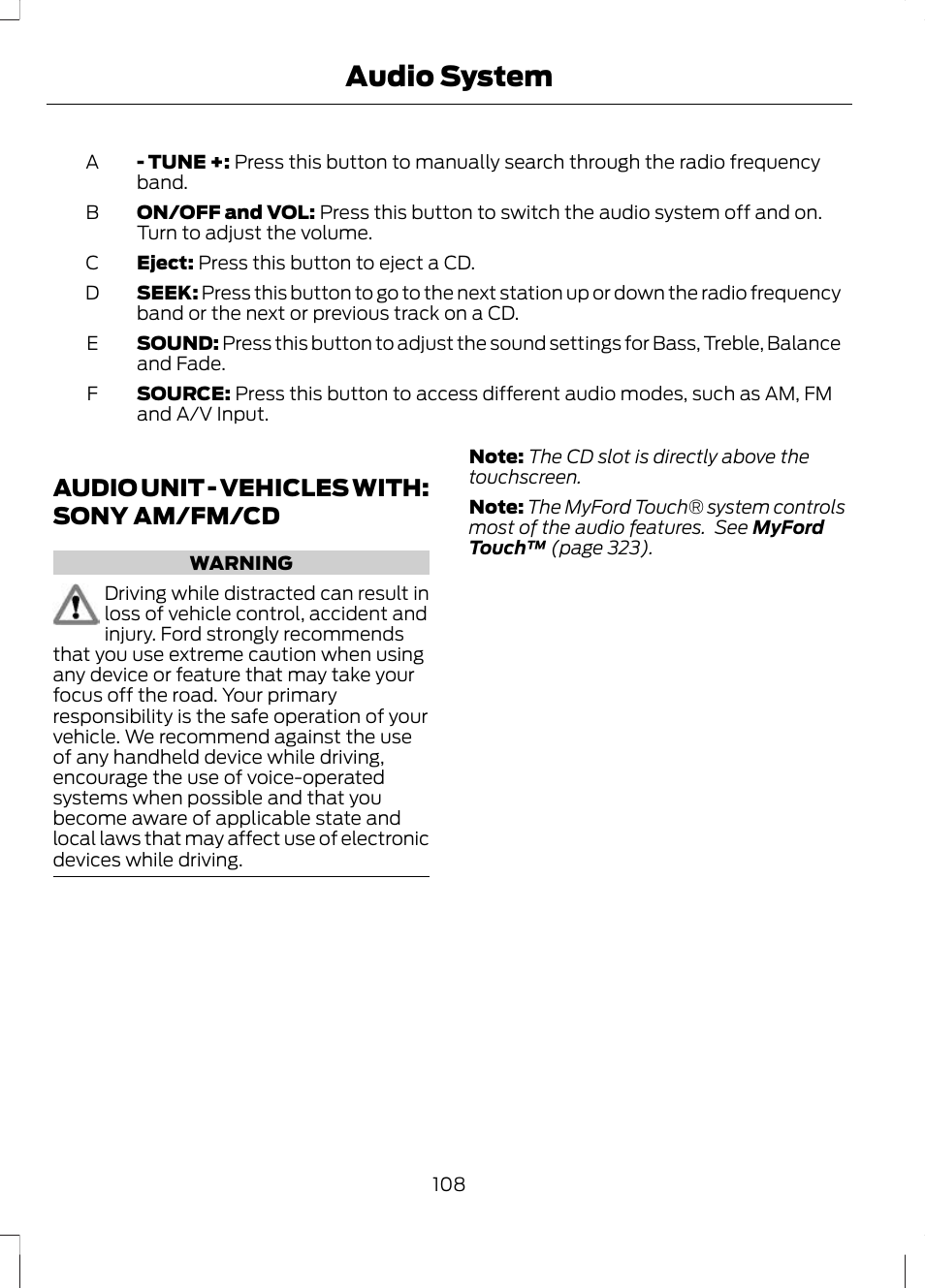 Audio unit, Audio unit - vehicles with: sony, Am/fm/cd | Audio system, Audio unit - vehicles with: sony am/fm/cd | FORD 2013 Escape v.3 User Manual | Page 111 / 434