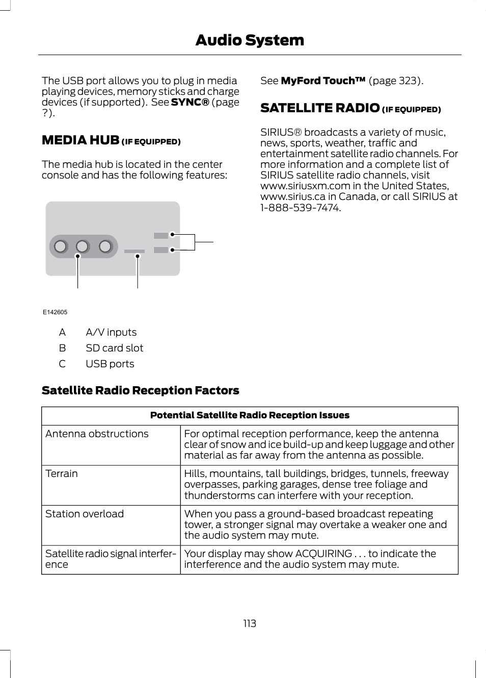 Media hub, Satellite radio, Media hub satellite radio | Audio system, Cb a | FORD 2013 Escape v.3 User Manual | Page 116 / 434