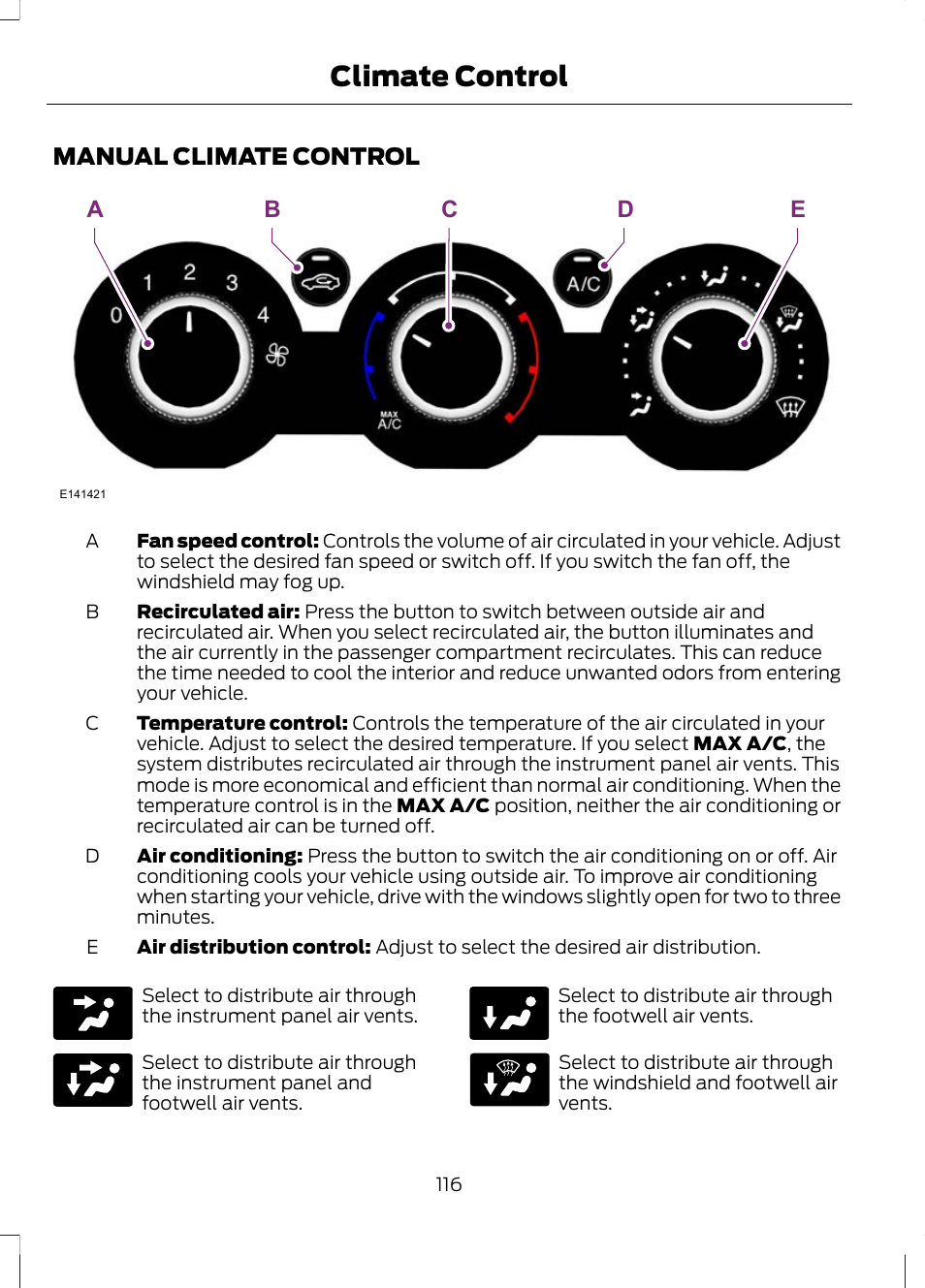 Climate control, Manual climate control, Ae b d c | FORD 2013 Escape v.3 User Manual | Page 119 / 434