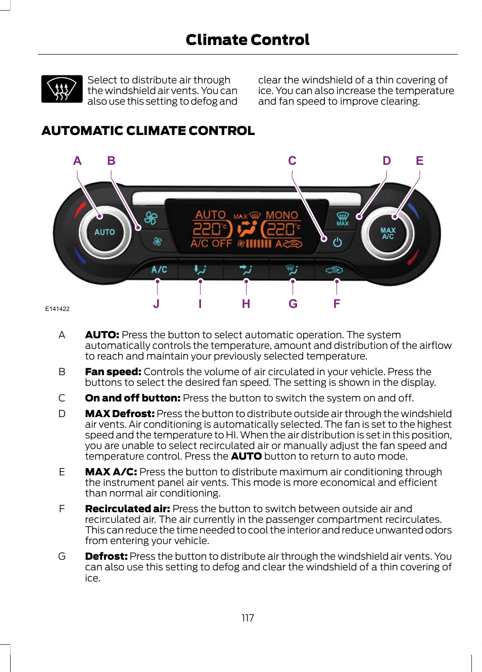 Automatic climate control, Climate control | FORD 2013 Escape v.3 User Manual | Page 120 / 434