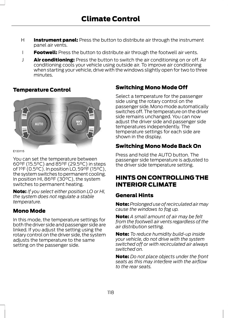 Hints on controlling the interior climate, Hints on controlling the interior, Climate | Climate control | FORD 2013 Escape v.3 User Manual | Page 121 / 434