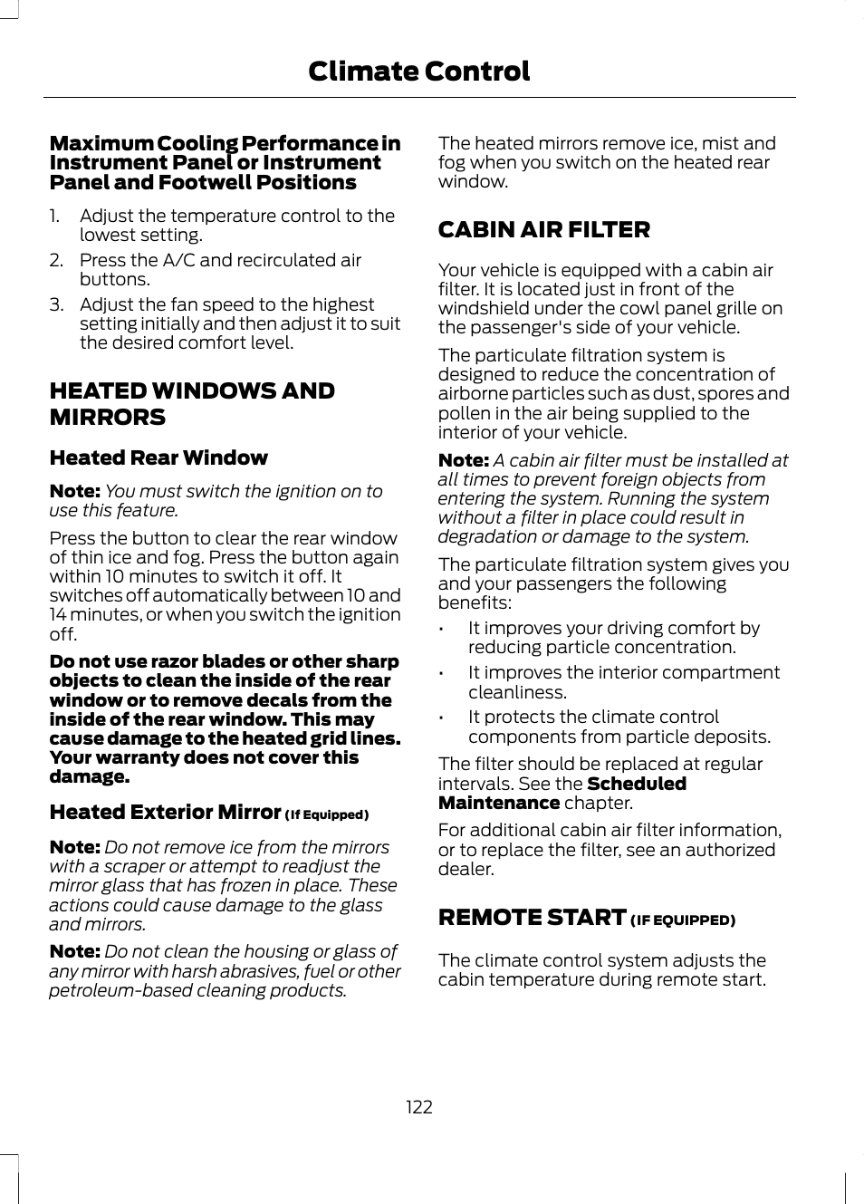 Heated windows and mirrors, Cabin air filter, Remote start | Climate control | FORD 2013 Escape v.3 User Manual | Page 125 / 434