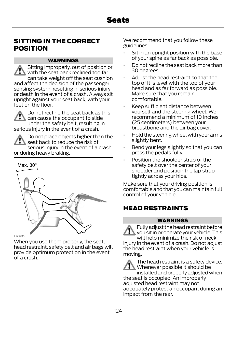 Seats, Sitting in the correct position, Head restraints | Sitting in the correct position head restraints | FORD 2013 Escape v.3 User Manual | Page 127 / 434