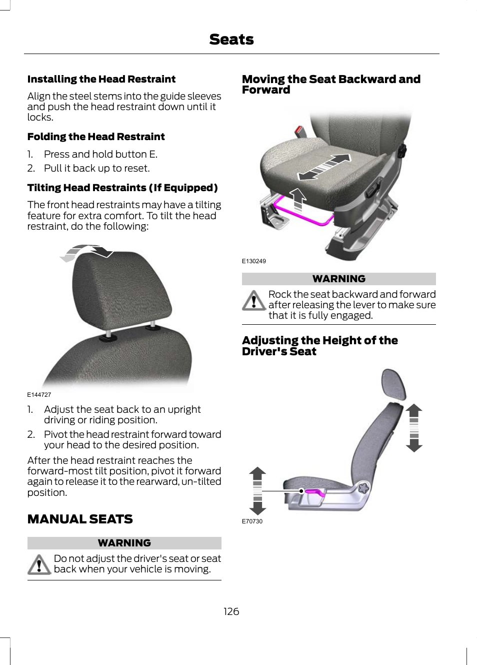 Manual seats, Seats | FORD 2013 Escape v.3 User Manual | Page 129 / 434