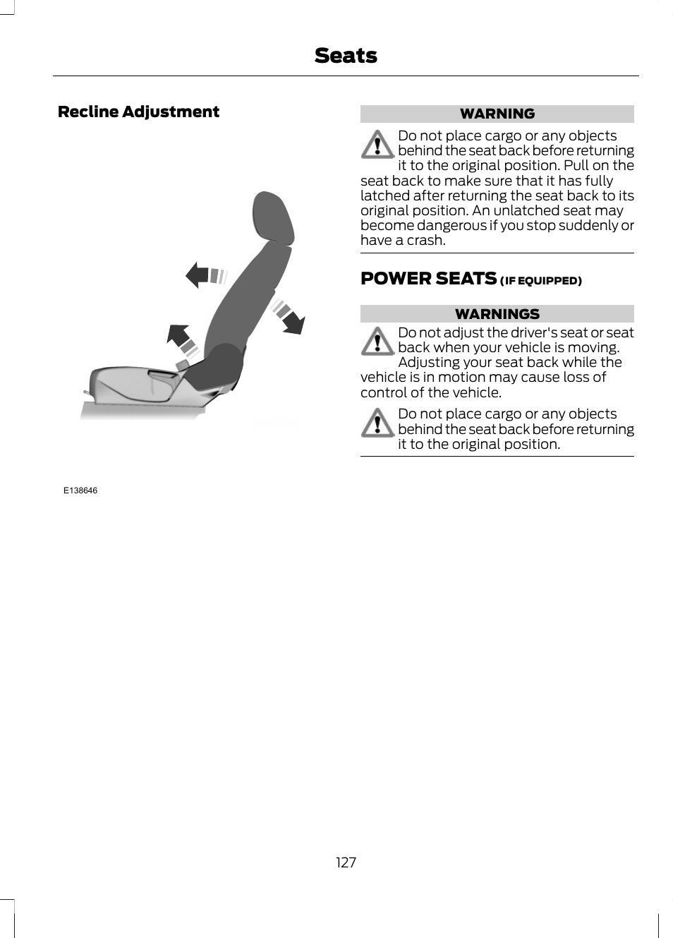 Power seats, Seats | FORD 2013 Escape v.3 User Manual | Page 130 / 434