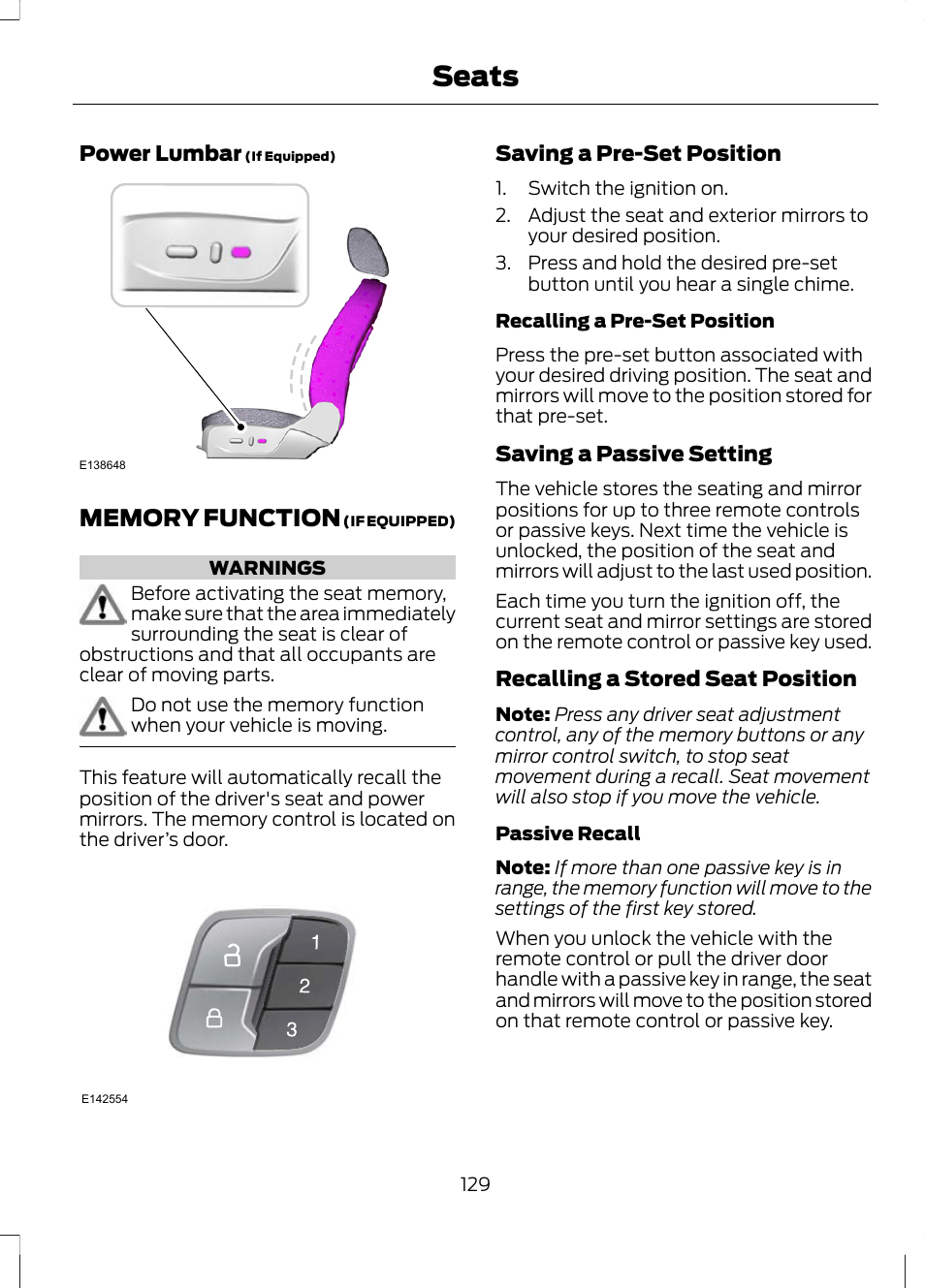 Memory function, Seats | FORD 2013 Escape v.3 User Manual | Page 132 / 434