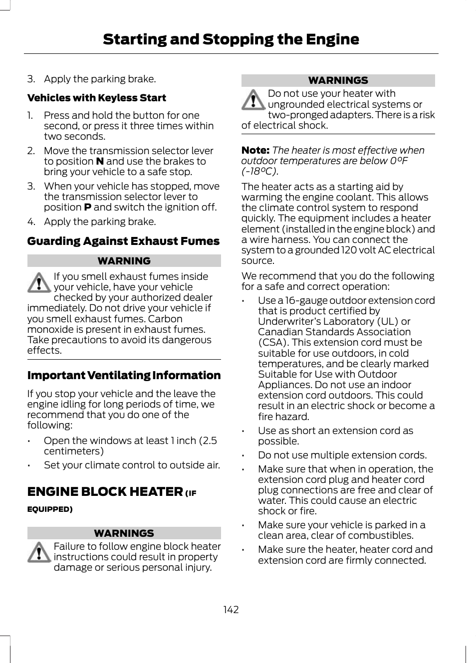 Engine block heater, Starting and stopping the engine | FORD 2013 Escape v.3 User Manual | Page 145 / 434