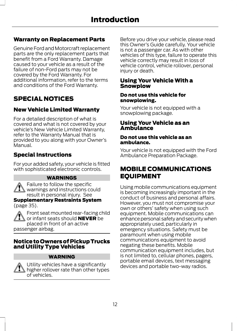 Special notices, Mobile communications equipment, Special notices mobile communications | Equipment, Introduction | FORD 2013 Escape v.3 User Manual | Page 15 / 434