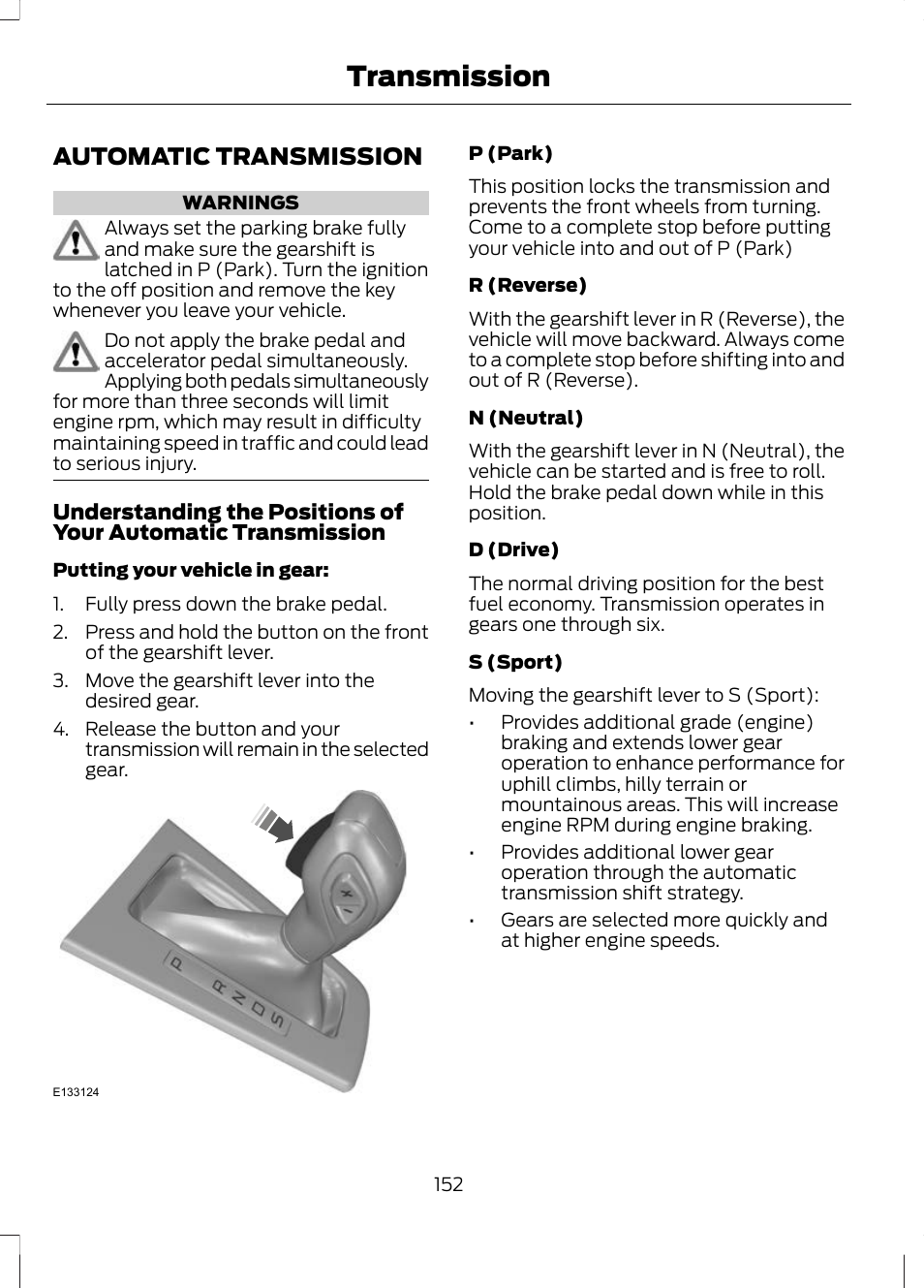 Transmission, Automatic transmission | FORD 2013 Escape v.3 User Manual | Page 155 / 434